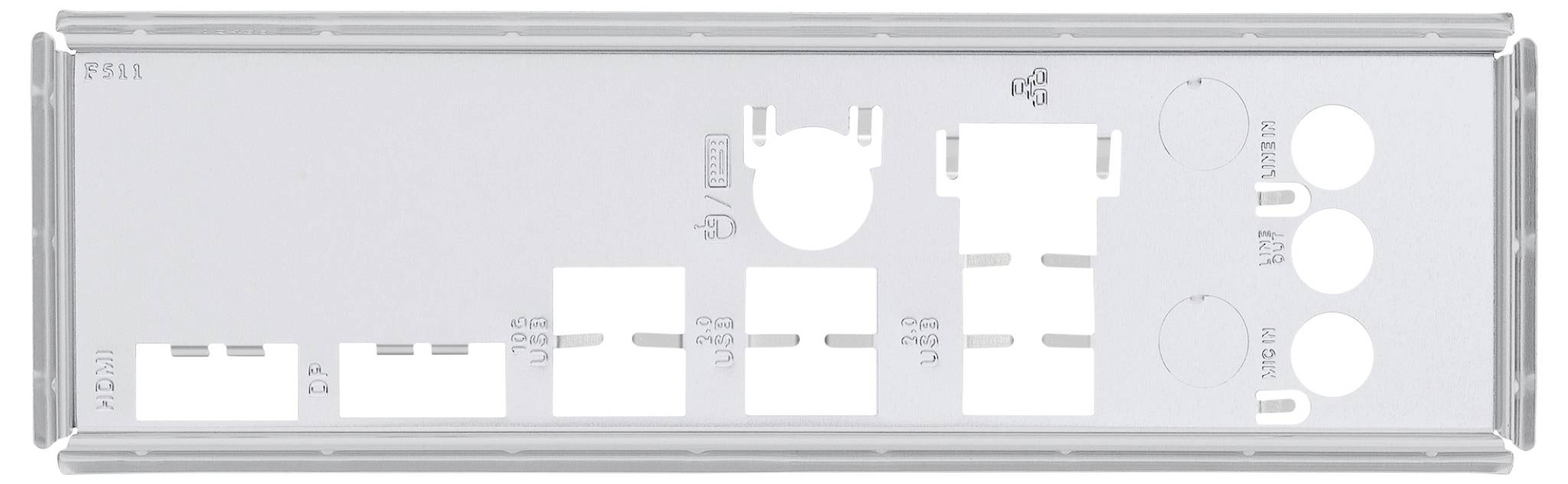 Uno scudo I/O per un case di computer, con diversi ritagli per le porte, etichettato in millimetri per la personalizzazione o la modifica.