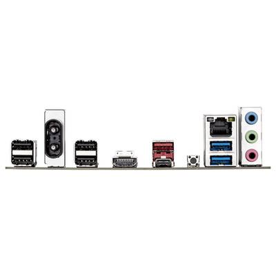 Pannello posteriore di una scheda madre del computer che mostra varie porte: HDMI, USB, Ethernet, jack audio e altre opzioni di connettività.