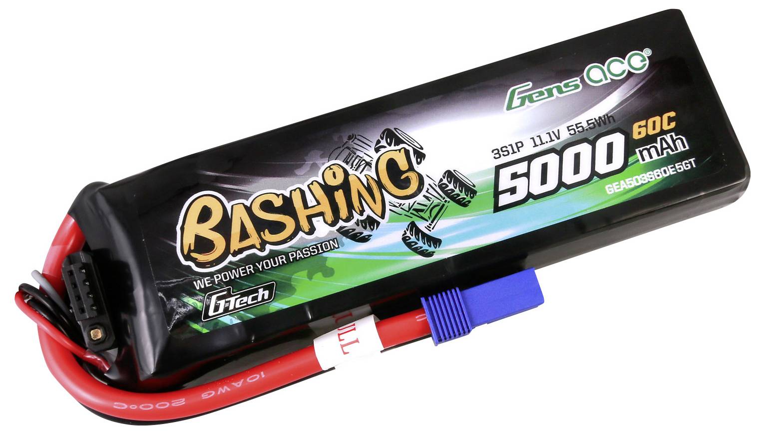 Un pacco batteria LiPo da 'Bashing' con capacità di 5000 mAh, valore di tensione di 11,1 V e velocità di scarica di 60C. Involucro nero, connettori rossi e blu.