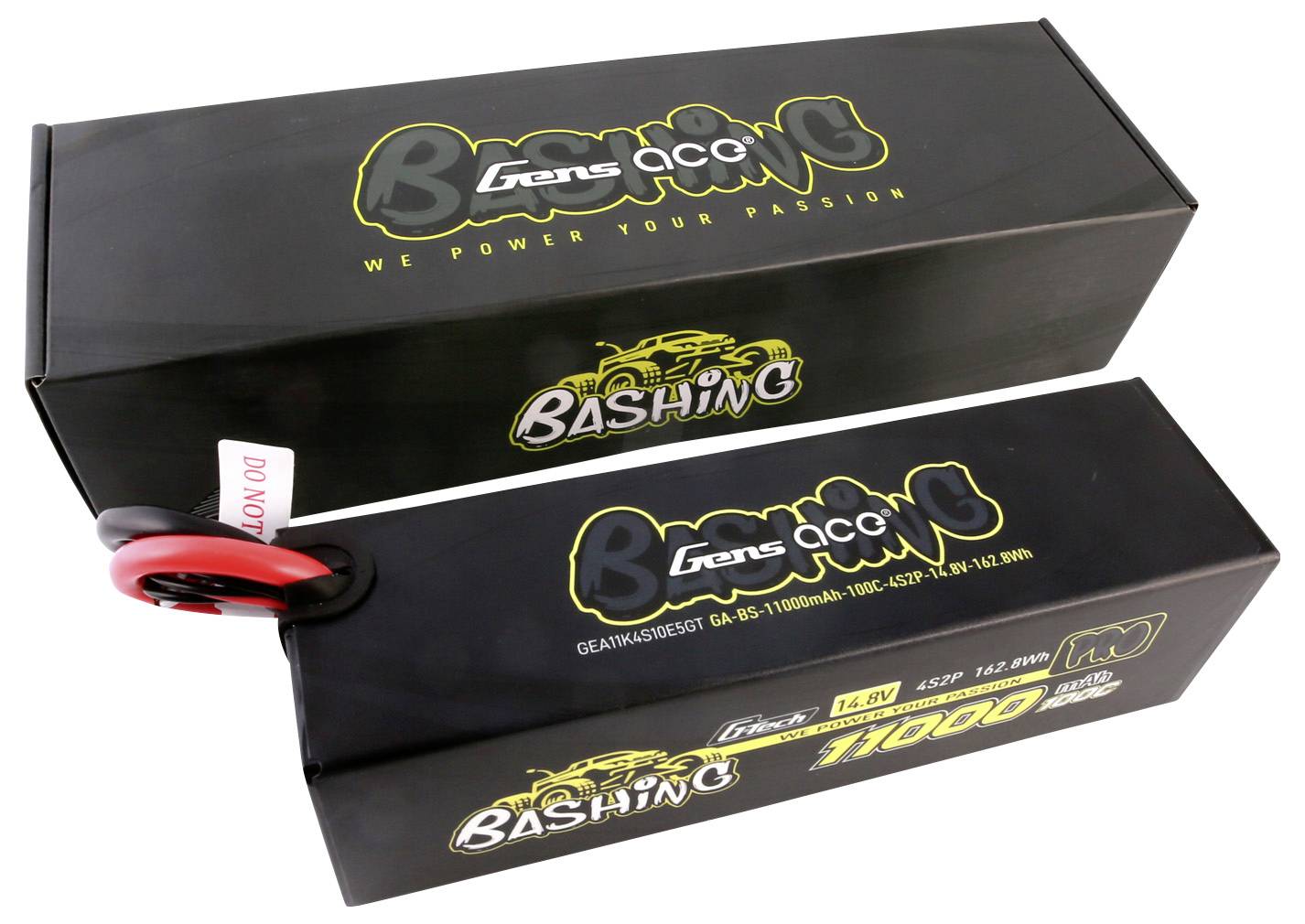 Due scatole nere con la scritta 'Bashing'. Scatola più piccola in alto, scatola più grande in basso con dettagli tecnici ed etichetta rossa.