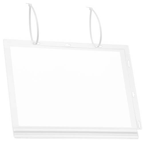 Un supporto trasparente rettangolare con due occhielli in alto per sostenere materiale di presentazione. Ideale per cartelli o display.