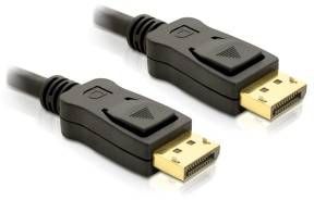 Due cavi DisplayPort neri con connettori dorati che trasmettono segnali video e audio digitali.