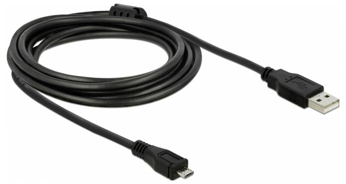Un cavo USB nero con connettore Micro-USB su un lato e connettore USB standard sull'altro, mostrato arrotolato.