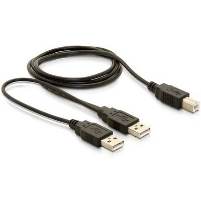 Un cavo USB nero con due connettori USB-A su un lato e un connettore USB-B sull'altro lato.