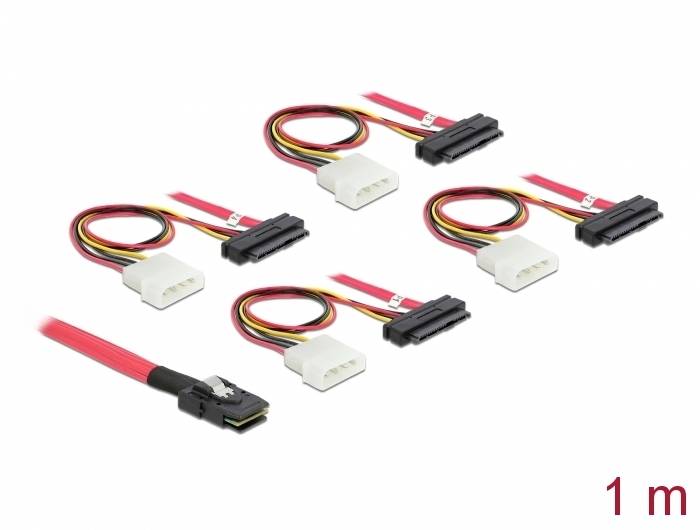 'Set di cavi di alimentazione SATA con cinque cavi, ciascuno con connettori Molex e SATA. I cavi sono rossi, gialli e neri, lunghezza: 1 metro.'