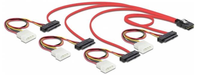 Cavo SATA rosso con multiple connessioni e adattatori Molex bianchi, idoneo per collegare più hard disk a una scheda madre.