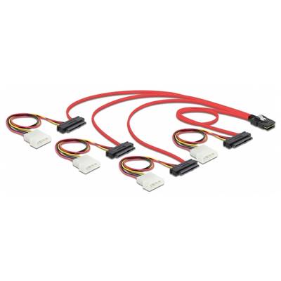 Cavo SATA rosso con multiple connessioni e adattatori Molex bianchi, idoneo per collegare più hard disk a una scheda madre.