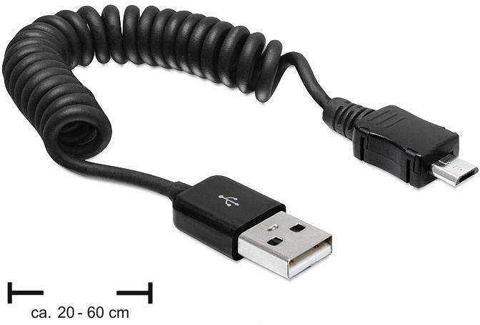 Un cavo a spirale nero con connettore USB su un lato e connettore Micro-USB sull'altro, lunghezza circa 20-60 cm.