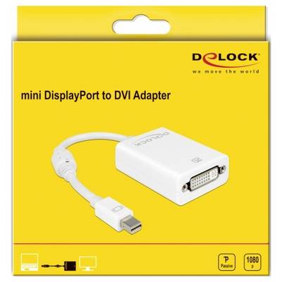 Confezione 'Adattatore da Mini DisplayPort a DVI'. Adattatore che mostra il cavo da Mini DisplayPort a connettore DVI, contrassegnato con 1080p e passivo.