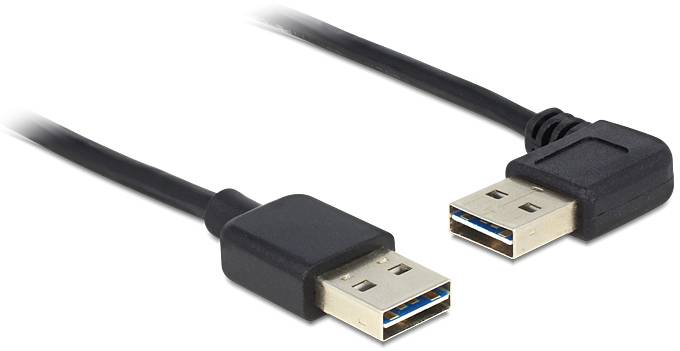 Due cavi USB neri con connettori a squadra mostrano i loro attacchi USB-A. A sinistra un connettore diritto, a destra un connettore ad angolo.
