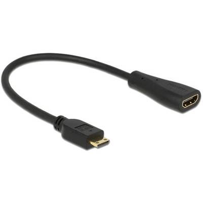 Un breve cavo adattatore HDMI nero con un connettore Mini-HDMI su un lato e una presa HDMI sull'altro.