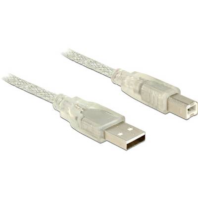 Un cavo USB trasparente con un connettore USB-A sul lato sinistro e un connettore USB-B sul lato destro.