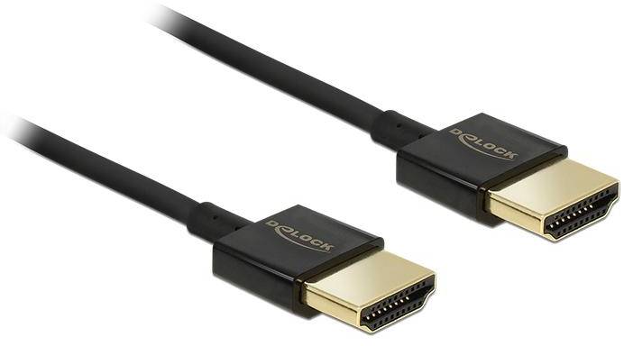 Due cavi HDMI neri con connettori dorati di Delock, posizionati parallelamente l'uno accanto all'altro.