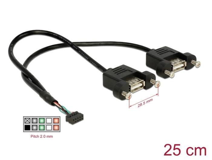 Due cavi Sub-D neri con viti, collegati tramite un adattatore. Lunghezza: 25 cm. Connettori: Passo 2,0 mm, larghi 28,5 mm.