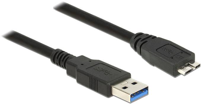 Cavo USB 3.0 con connettore standard a sinistra e connettore micro a destra, colore nero, per il trasferimento dati e la ricarica di dispositivi.