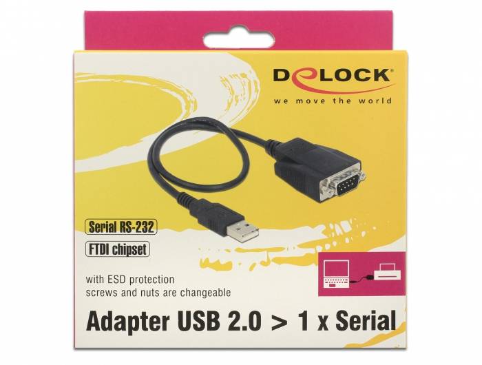 Adattatore USB 2.0 su 1x Seriale di Delock con Serial RS-232 e chipset FTDI, protezione ESD e viti intercambiabili su confezione giallo-rosa
