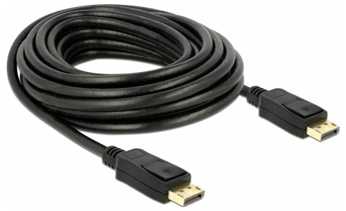 Un cavo DisplayPort nero con due connettori, utilizzato per collegare computer a monitor.