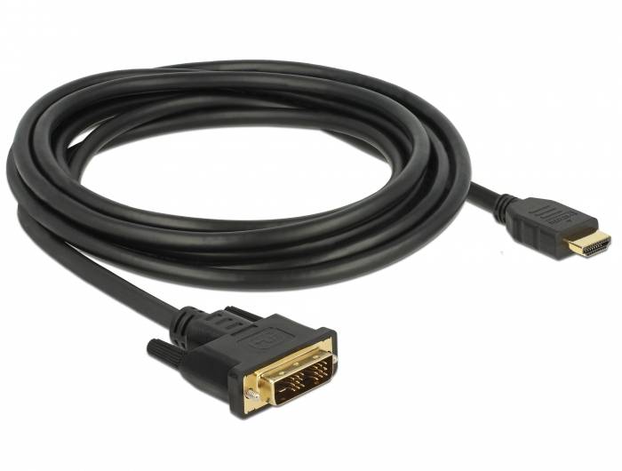 Un cavo nero con un connettore HDMI su un lato e un connettore DVI sull'altro, adatto per connessioni video.