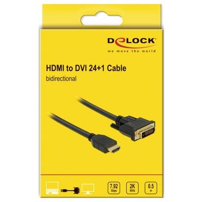 Confezione gialla di un cavo bidirezionale HDMI a DVI di Delock. Supporta 7,92 Gbps, 2K a 60 Hz, lunghezza 0,5 m.