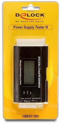 Tester per Alimentatore Delock Power Supply Tester III in confezione originale. Dispositivo per testare alimentatori, ideale per il controllo di componenti PC.