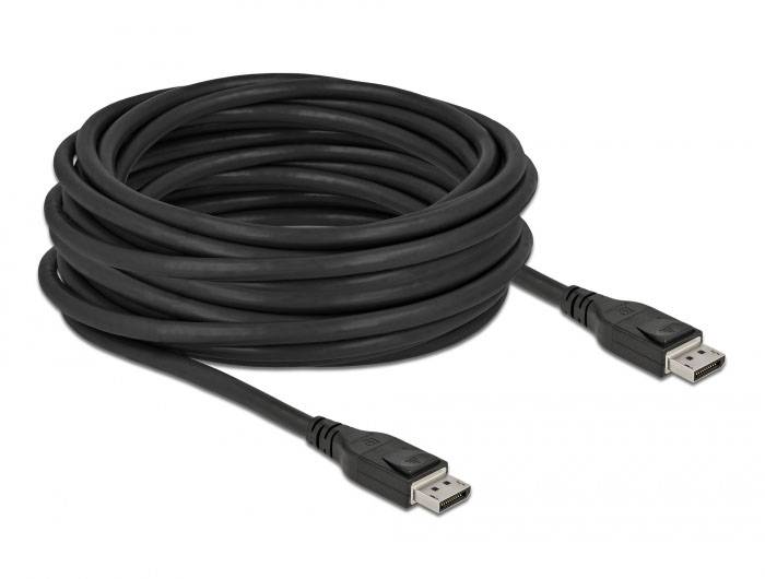 Cavo DisplayPort nero e lungo con connettori su entrambe le estremità, adatto per collegare computer a monitor.