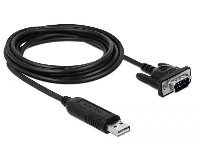 'Cavo adattatore da USB a RS232' mostra un connettore USB sul lato sinistro e un connettore RS232 sul lato destro del cavo.