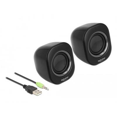 Due altoparlanti neri con cavi; sono visibili un connettore USB e un jack audio da 3,5 mm.