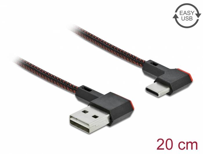 Cavo USB con rivestimento intrecciato, lungo 20 cm, con connettori USB-A e USB-C a angolo retto. Il bordo superiore mostra il simbolo 'EASY USB'.