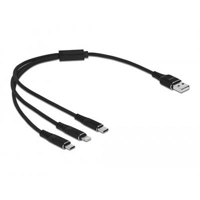 Cavo USB nero con tre diversi connettori: USB-C, Lightning e Micro-USB, per la compatibilità multipla con diversi dispositivi.