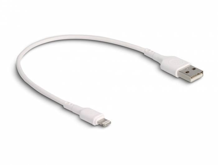 Un cavo USB bianco con un connettore USB standard su un lato e un connettore Lightning sull'altro lato.