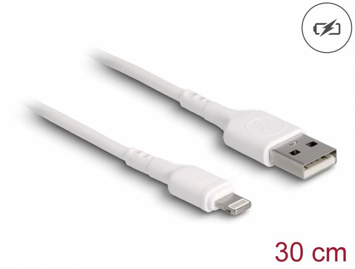 Cavo bianco da Lightning a USB, lungo 30 cm, con connettori USB e Lightning.