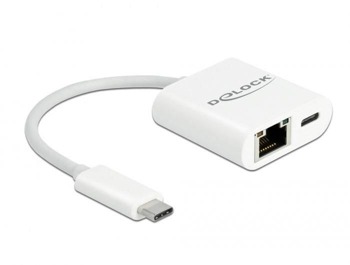 Un adattatore USB-C per Ethernet di colore bianco con il marchio 'DELOCK', dotato di porte Ethernet e USB-C.