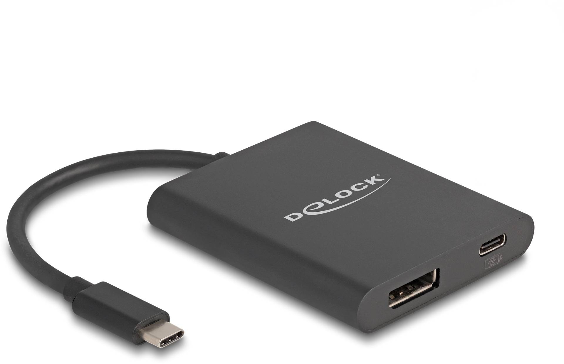 Un adattatore USB-C nero di Delock con porte HDMI e USB.
