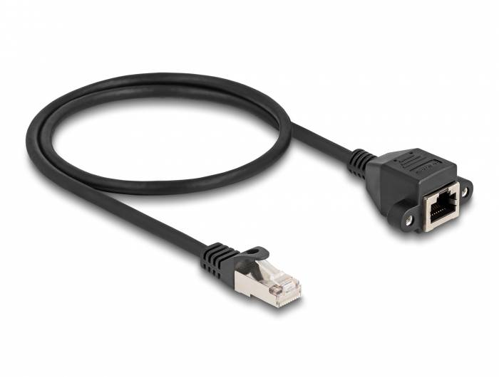 Un cavo Ethernet nero con un connettore maschio su un lato e un connettore femmina sull'altro lato.