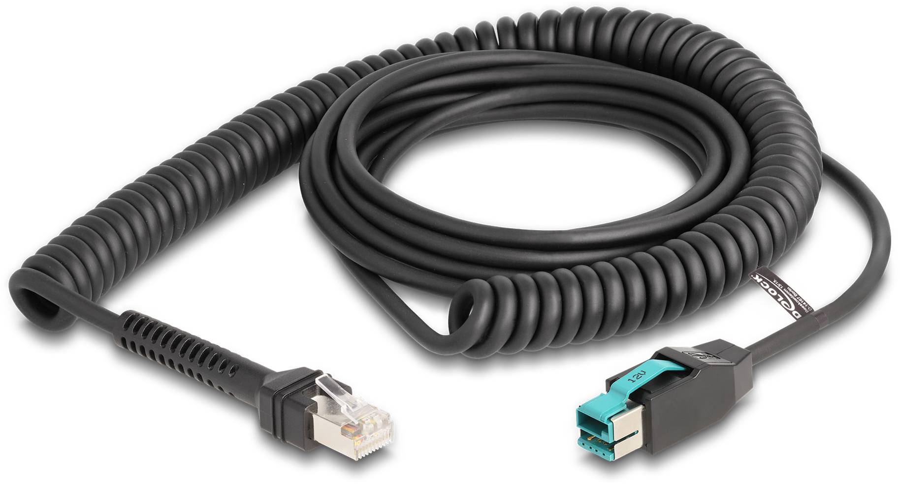 Un cavo nero a spirale con un connettore RJ45 e un'estremità con un esclusivo connettore blu, su sfondo bianco.