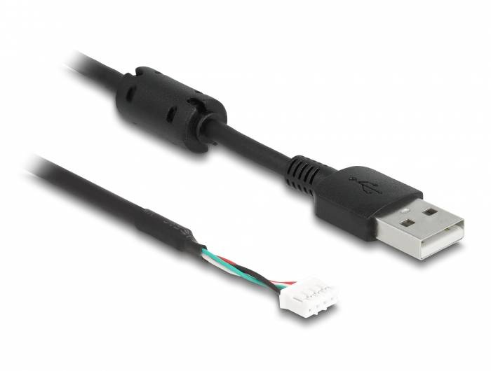 'Cavo USB con connettore aperto e nucleo di ferrite, mostra i fili elettrici nei colori rosso, verde, bianco e nero.'