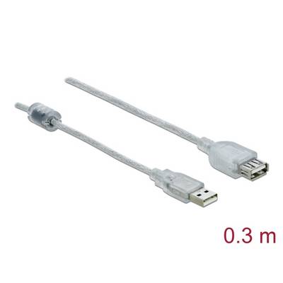 Prolunga USB, 0,3 metri, design trasparente, con spina USB-A e presa USB-A.