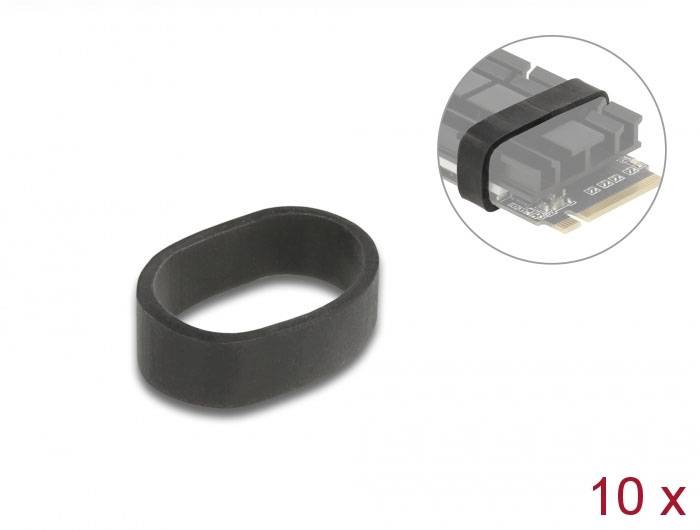 Fascette elastiche per il fissaggio di dissipatori di calore su schede elettroniche, confezione da 10 pezzi. Mostra l'applicazione su un chip di memoria in un'immagine di piccole dimensioni.
