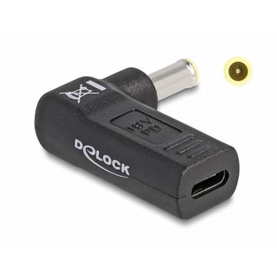 Adattatore con design angolato, involucro nero, porta USB-C e connettore DC con bordo giallo; idoneo per connessioni di energia.