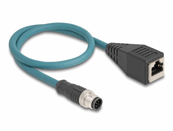Cavo adattatore con spinotto RJ45 e connettore circolare multipolare, idoneo per connessioni dati industriali.