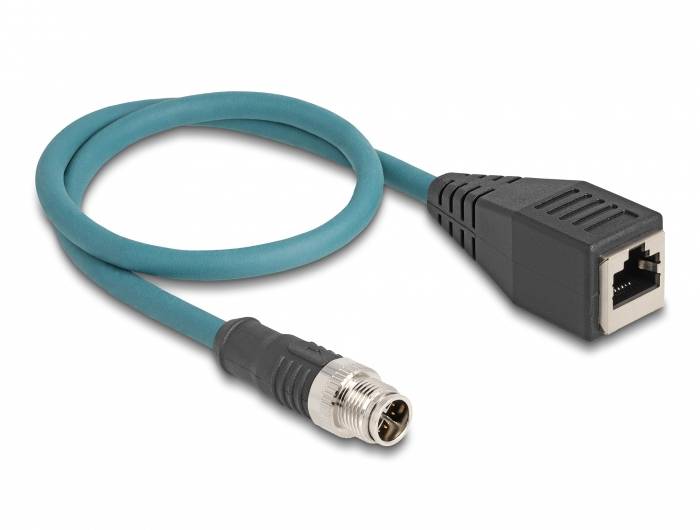 Un cavo di rete turchese con un connettore RJ45 su un lato e un connettore metallico cilindrico sull'altro lato.