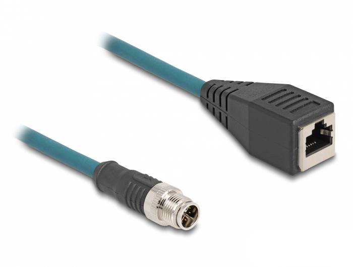 'Cavo Ethernet industriale con connettori RJ45 e M12 per connessioni di rete robuste in ambienti industriali critici.'