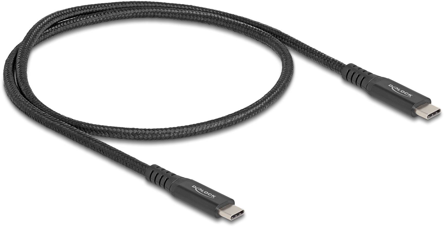 Un cavo nero intrecciato da USB-C a USB-C, idoneo per il trasferimento dati e la ricarica.