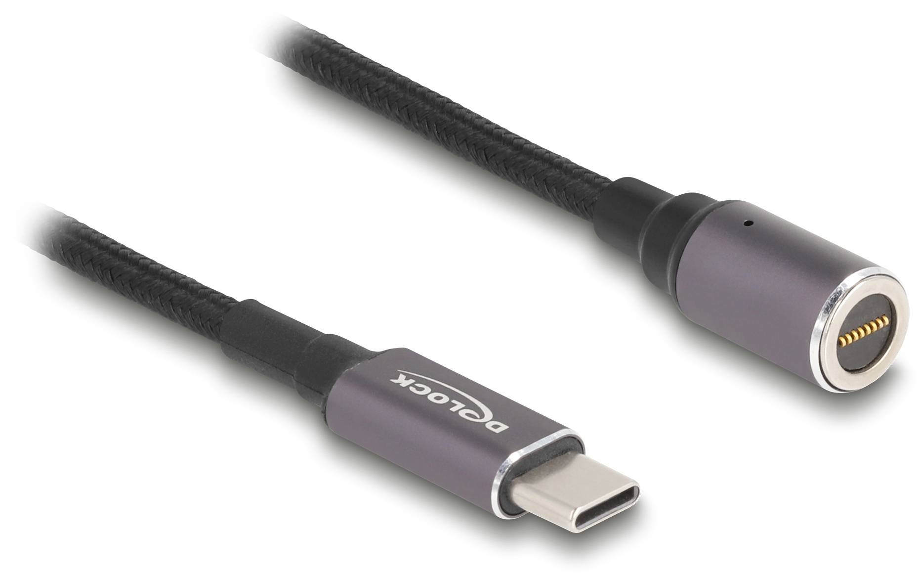 Cavo di ricarica magnetico USB-C di Delock con connettore rimovibile e cavo intrecciato, adatto per caricabatterie e trasferimento dati.