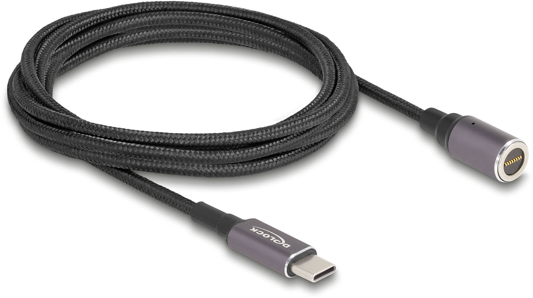 Un cavo USB-C con rivestimento in nylon e connettore magnetico, ideale per collegare facilmente e in modo sicuro dispositivi elettronici.