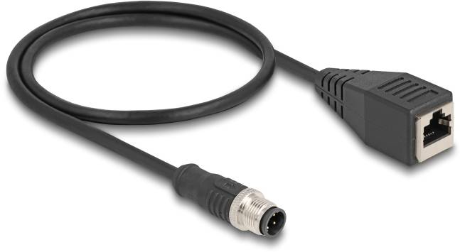 Cavo con connettore RJ45 e connettore rotondo, idoneo per applicazioni di rete e trasferimento dati, con involucro nero.