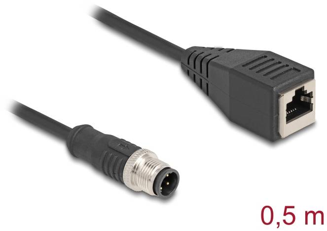 Un cavo di connessione nero, lungo 0,5 m, con un connettore M12 su un lato e un connettore RJ45 sull'altro.