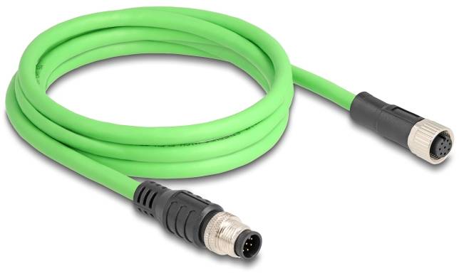 Cavo elettrico verde con connettori neri e argento su entrambe le estremità. Probabilmente destinato ad applicazioni industriali.