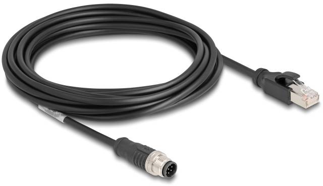 Cavo Ethernet nero con connettore RJ45 e spina rotonda a 8 poli, arrotolato. Adatto per connessioni di rete.