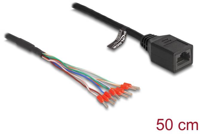 Cavo di rete lungo 50 cm, con conduttori aperti a sinistra e connettore RJ45 a destra.